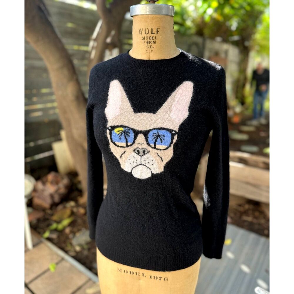 Bloomingdales Aqua Black 100% Cashmere French Bulldog LS Fitted Sweater Size S